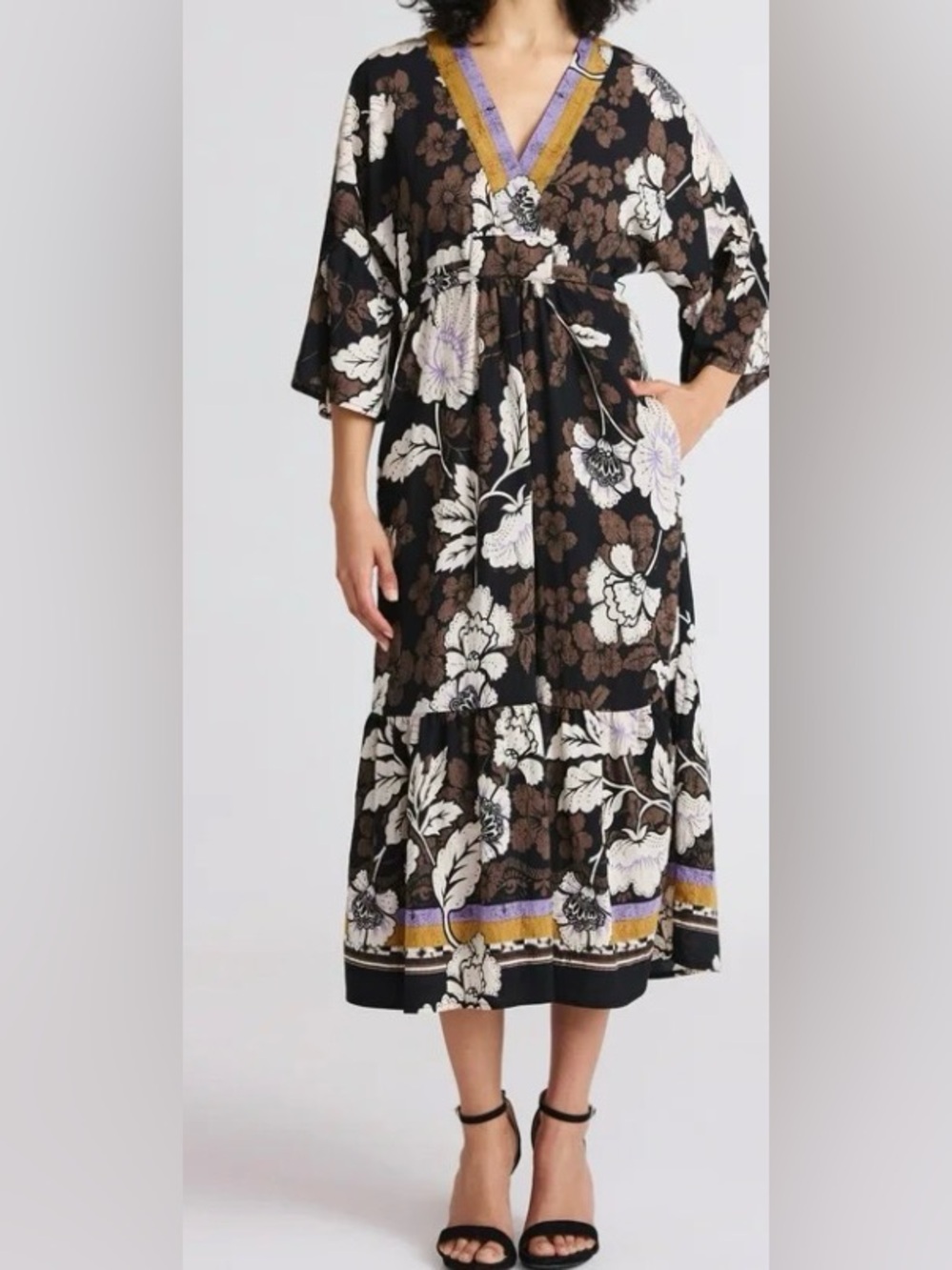 Black Floral Tiered Midi Dress with Brown and White Accents